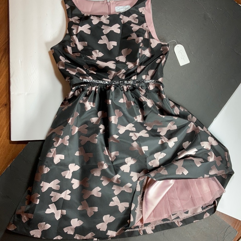 Jessica Simpson Pink & Black Dress, With Pockets! Pink Bow Pattern